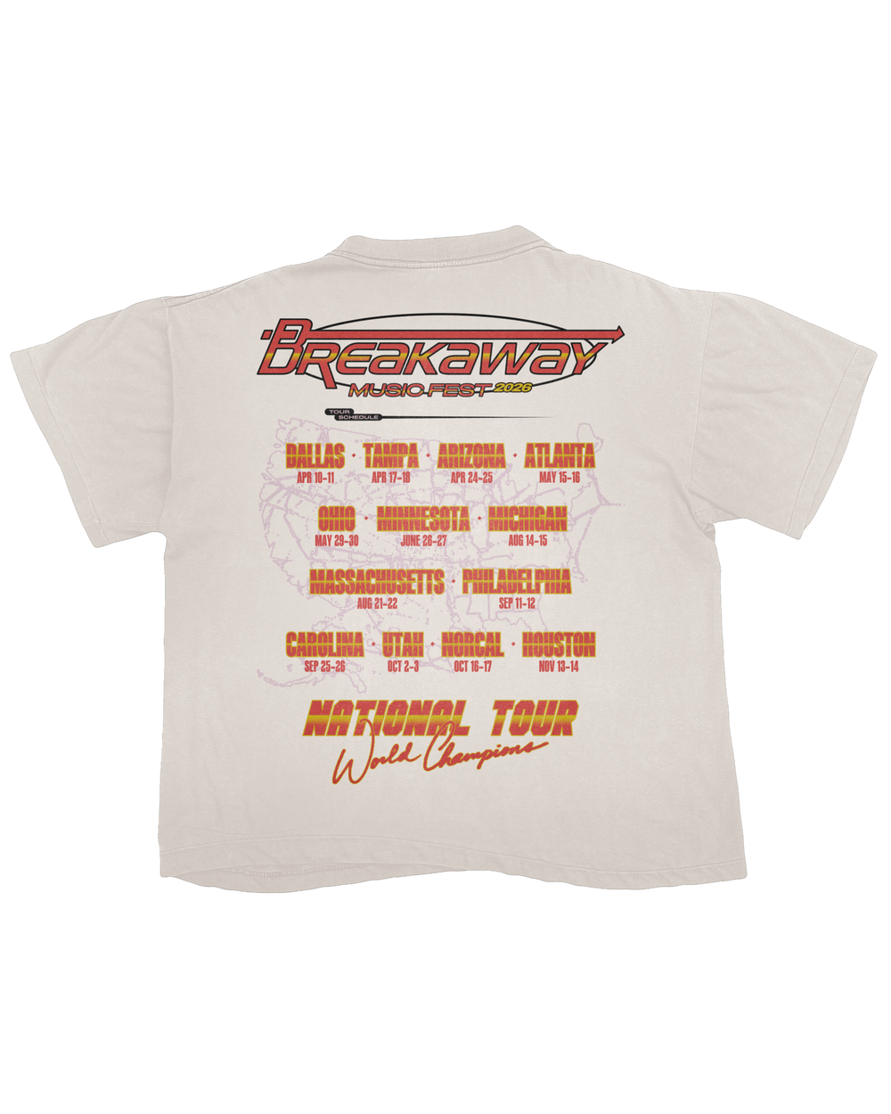 Beige t-shirt with Breakaway Music Festival branding on a white background