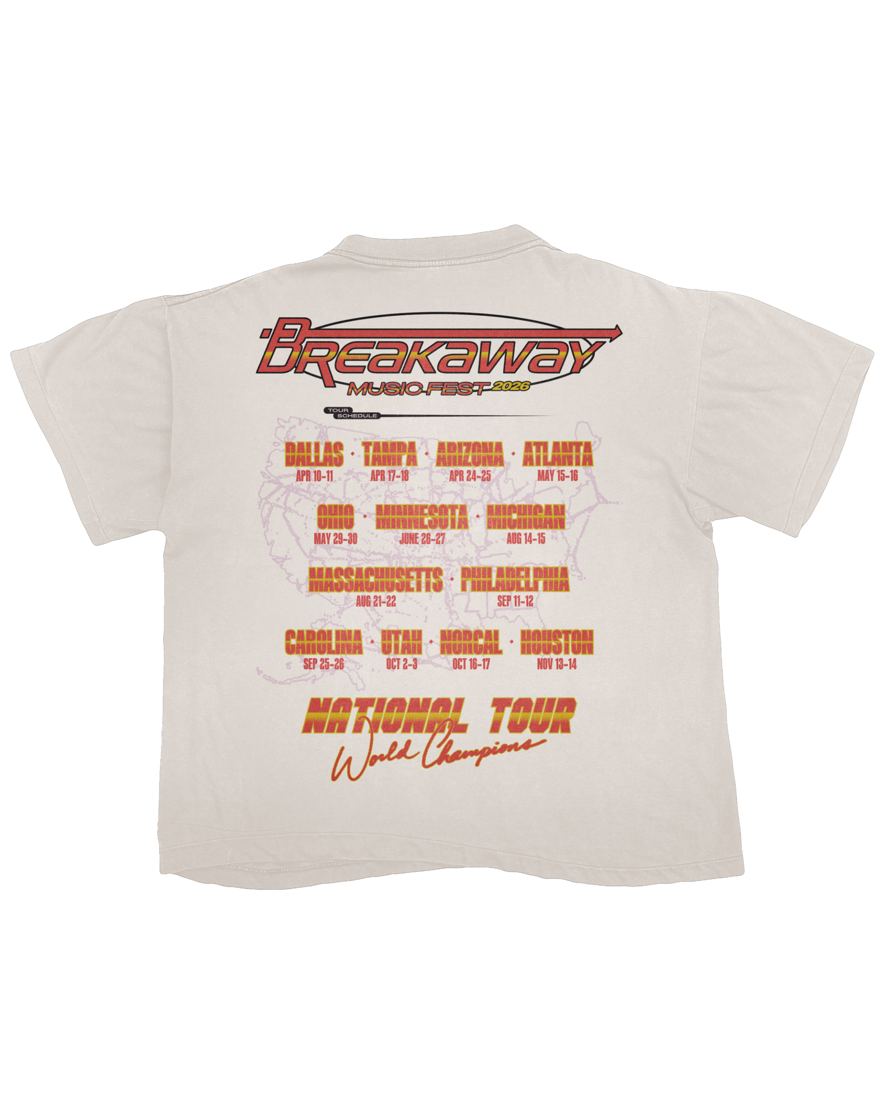 Beige t-shirt with Breakaway Music Festival branding on a white background