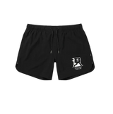 Black shorts that say Breakaway Run Club in white text on the left thigh