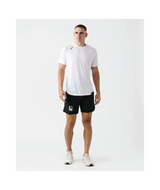 Man wearing a white t-shirt and black shorts on a white background