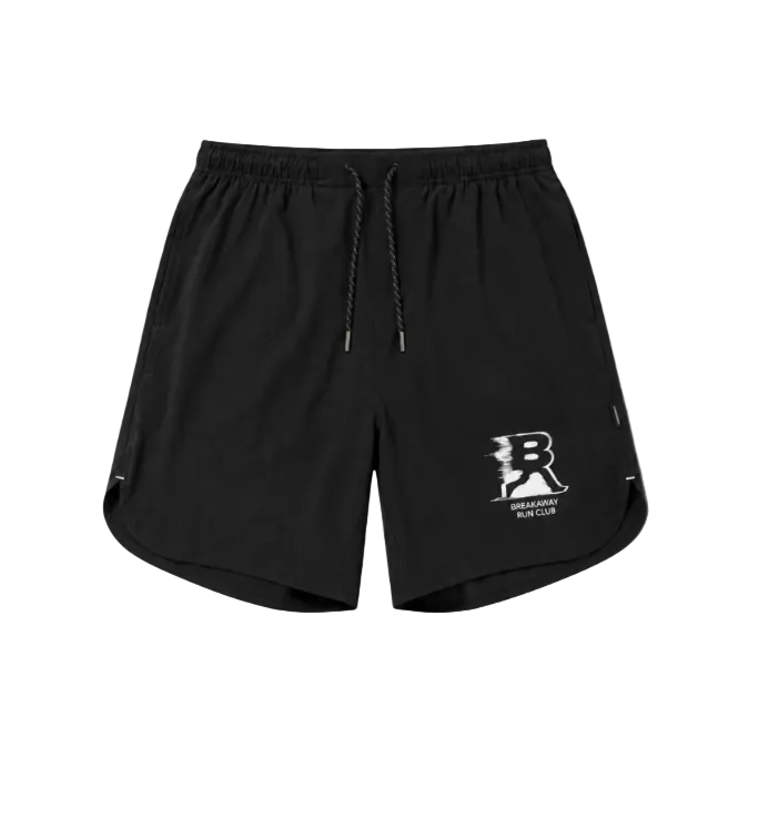 Black athletic shorts with a white 'Breakaway Club' logo on the lower left leg, featuring a black-and-white drawstring waist and side pockets, shown against a light gray background.
