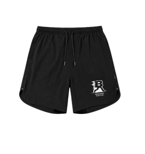 Black athletic shorts with a white 'Breakaway Club' logo on the lower left leg, featuring a black-and-white drawstring waist and side pockets, shown against a light gray background.