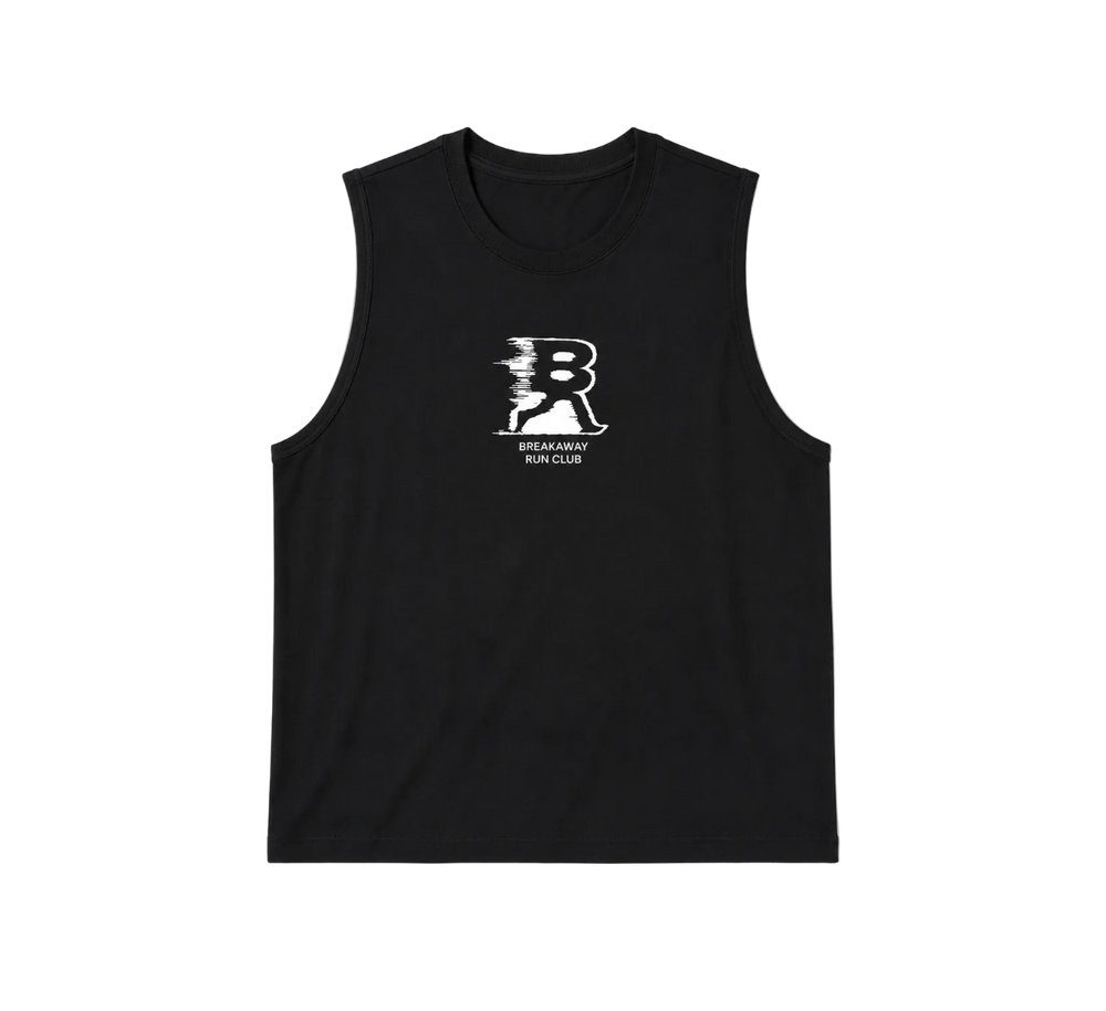 A black sleeveless muscle tank top featuring a white distressed graphic of a stylized letter 'B' with a running figure and the text 'BREAKAWAY RUN CLUB' printed on the chest, shown against a plain white background.