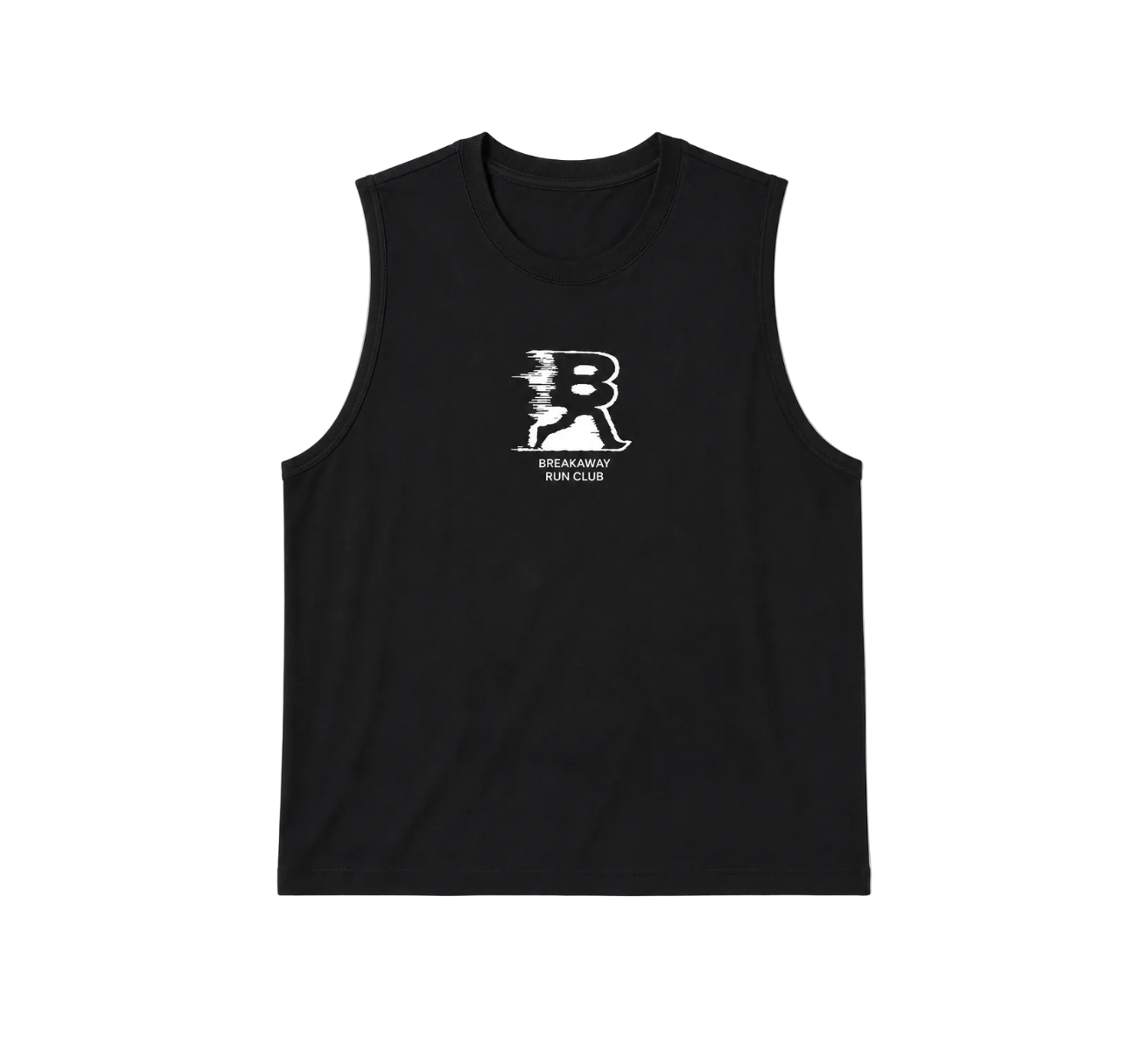 A black sleeveless muscle tank top featuring a white distressed graphic of a stylized letter 'B' with a running figure and the text 'BREAKAWAY RUN CLUB' printed on the chest, shown against a plain white background.