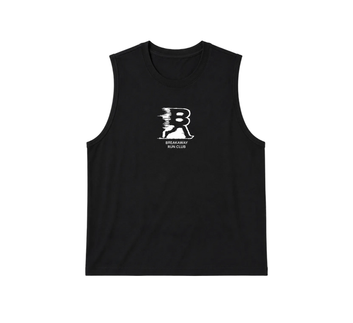 A black sleeveless muscle tank top featuring a white distressed graphic of a stylized letter 'B' with a running figure and the text 'BREAKAWAY RUN CLUB' printed on the chest, shown against a plain white background.