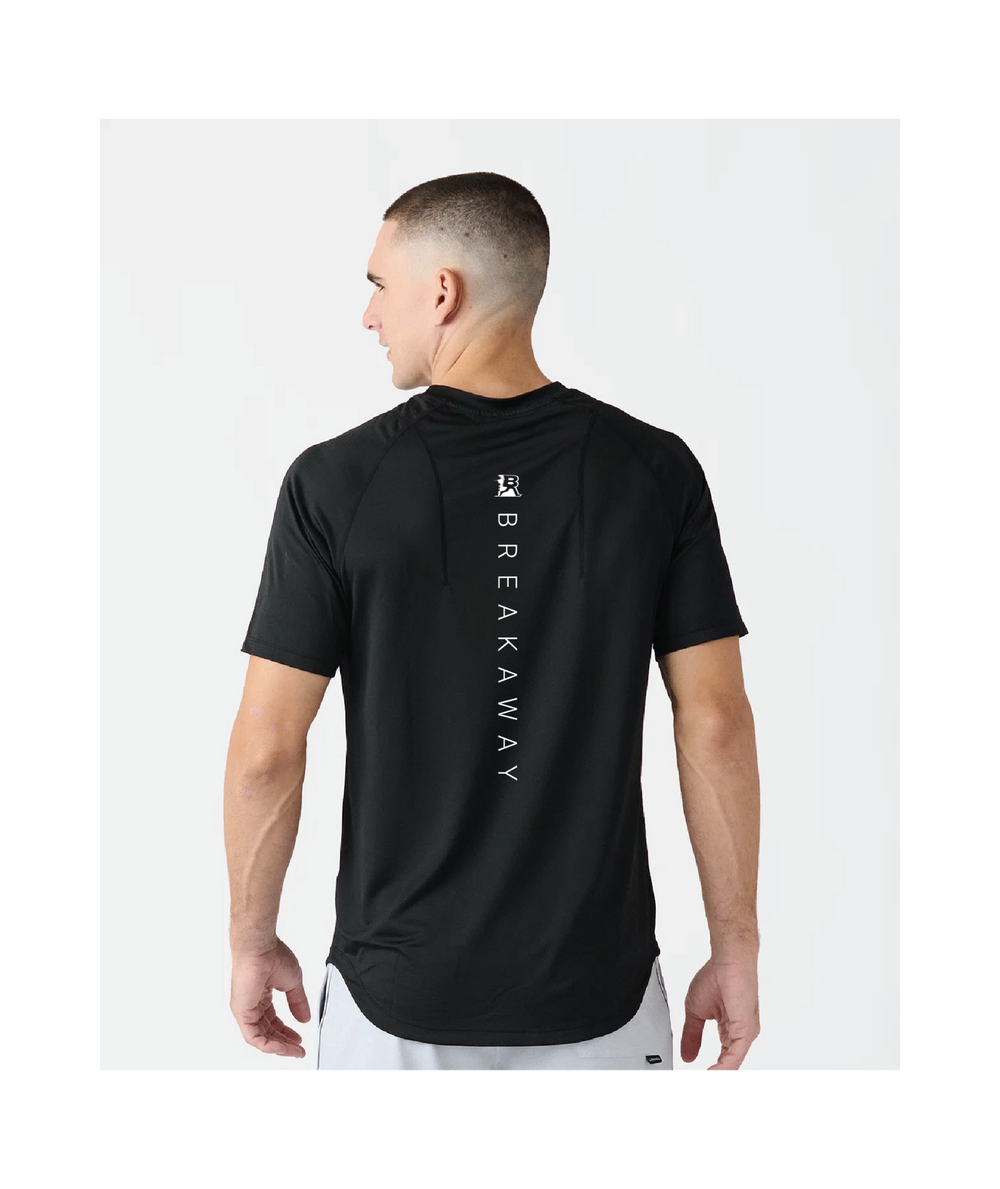 Man wearing a black athletic shirt on a white background