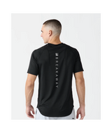 Man wearing a black athletic shirt on a white background