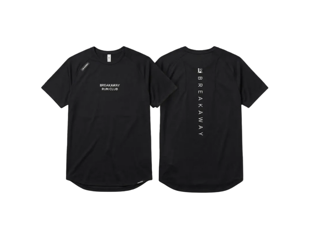 Black short-sleeve athletic t-shirt shown from both front and back views. The front features 'BREAKAWAY RUN CLUB' printed in white on the left chest, and the back features 'BREAKAWAY' printed vertically in white.
