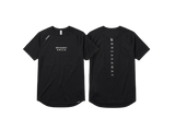 Black short-sleeve athletic t-shirt shown from both front and back views. The front features 'BREAKAWAY RUN CLUB' printed in white on the left chest, and the back features 'BREAKAWAY' printed vertically in white.