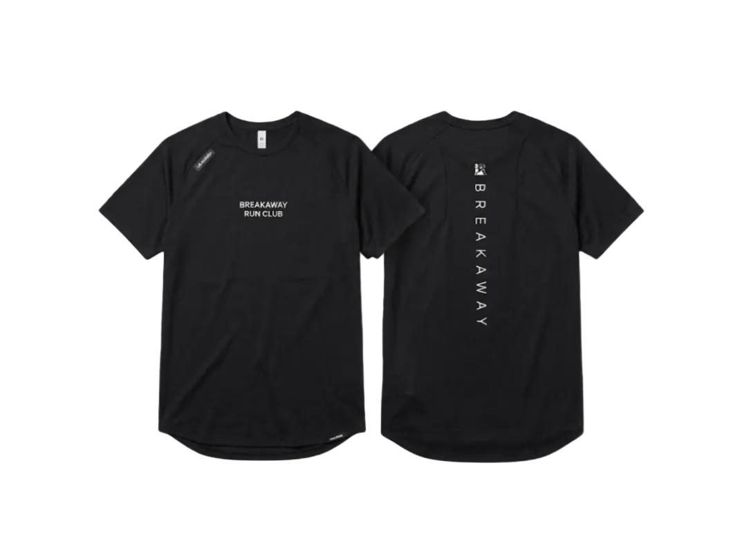 Black short-sleeve athletic t-shirt shown from both front and back views. The front features 'BREAKAWAY RUN CLUB' printed in white on the left chest, and the back features 'BREAKAWAY' printed vertically in white.