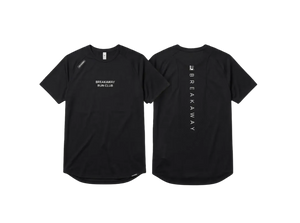 Black short-sleeve athletic t-shirt shown from both front and back views. The front features 'BREAKAWAY RUN CLUB' printed in white on the left chest, and the back features 'BREAKAWAY' printed vertically in white.