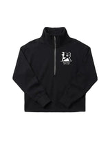 A black long-sleeve quarter-zip pullover sweatshirt with a white graphic logo on the left chest, displayed flat against a light gray background.