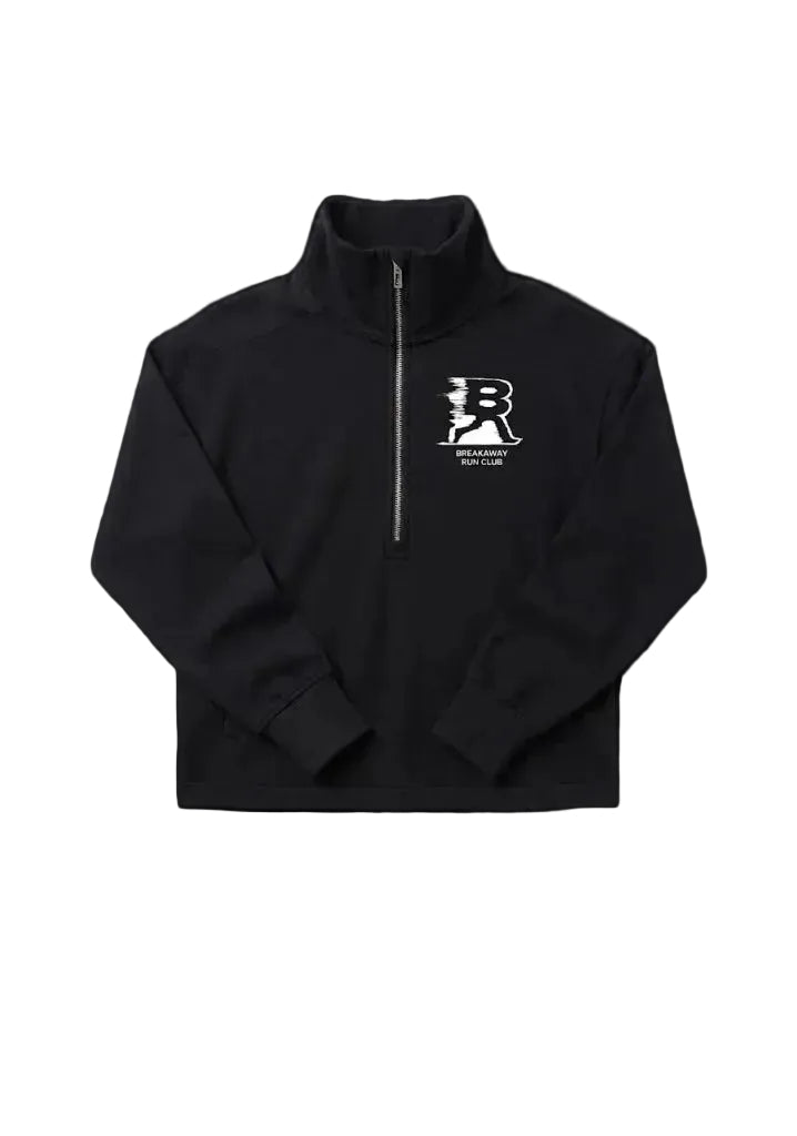 A black long-sleeve quarter-zip pullover sweatshirt with a white graphic logo on the left chest, displayed flat against a light gray background.