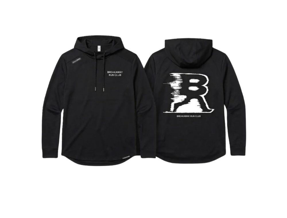 Black pullover hoodie shown from the front and back on a light gray background. The front has white 'BREAKAWAY RUN CLUB' text on the left chest, and the back features a large white distressed letter 'B' graphic with smaller 'BREAKAWAY RUN CLUB' text below.