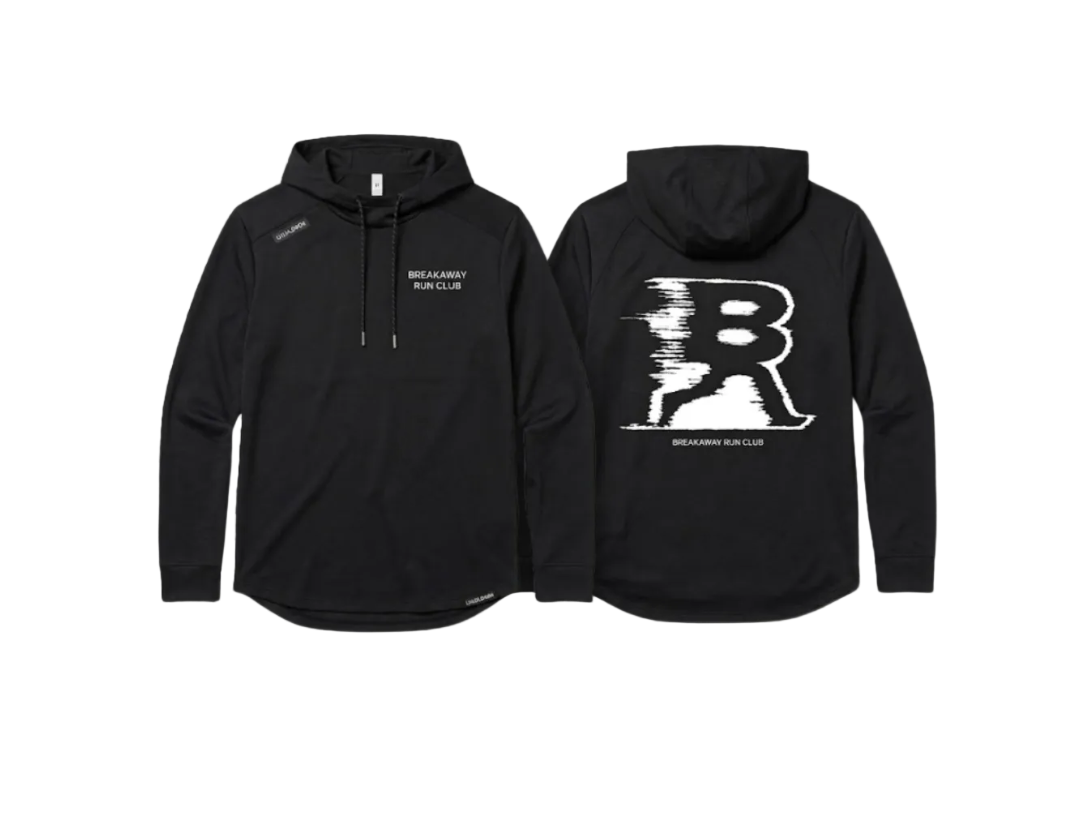 Black pullover hoodie shown from the front and back on a light gray background. The front has white 'BREAKAWAY RUN CLUB' text on the left chest, and the back features a large white distressed letter 'B' graphic with smaller 'BREAKAWAY RUN CLUB' text below.