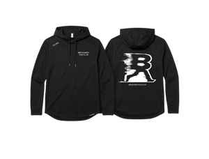 Black pullover hoodie shown from the front and back on a light gray background. The front has white 'BREAKAWAY RUN CLUB' text on the left chest, and the back features a large white distressed letter 'B' graphic with smaller 'BREAKAWAY RUN CLUB' text below.