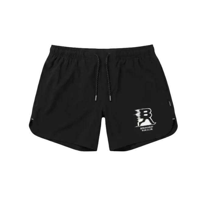 Black shorts that say Breakaway Run Club in white text on the left thigh