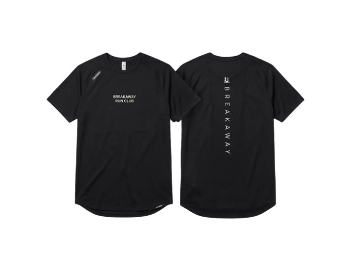 Black short-sleeve athletic t-shirt shown from both front and back views. The front features 'BREAKAWAY RUN CLUB' printed in white on the left chest, and the back features 'BREAKAWAY' printed vertically in white.